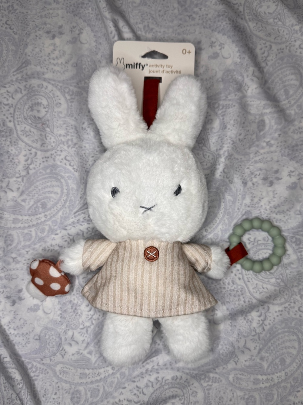 miffy White Plush Activity Toy with Beige Stripe Dress and Mint Teether